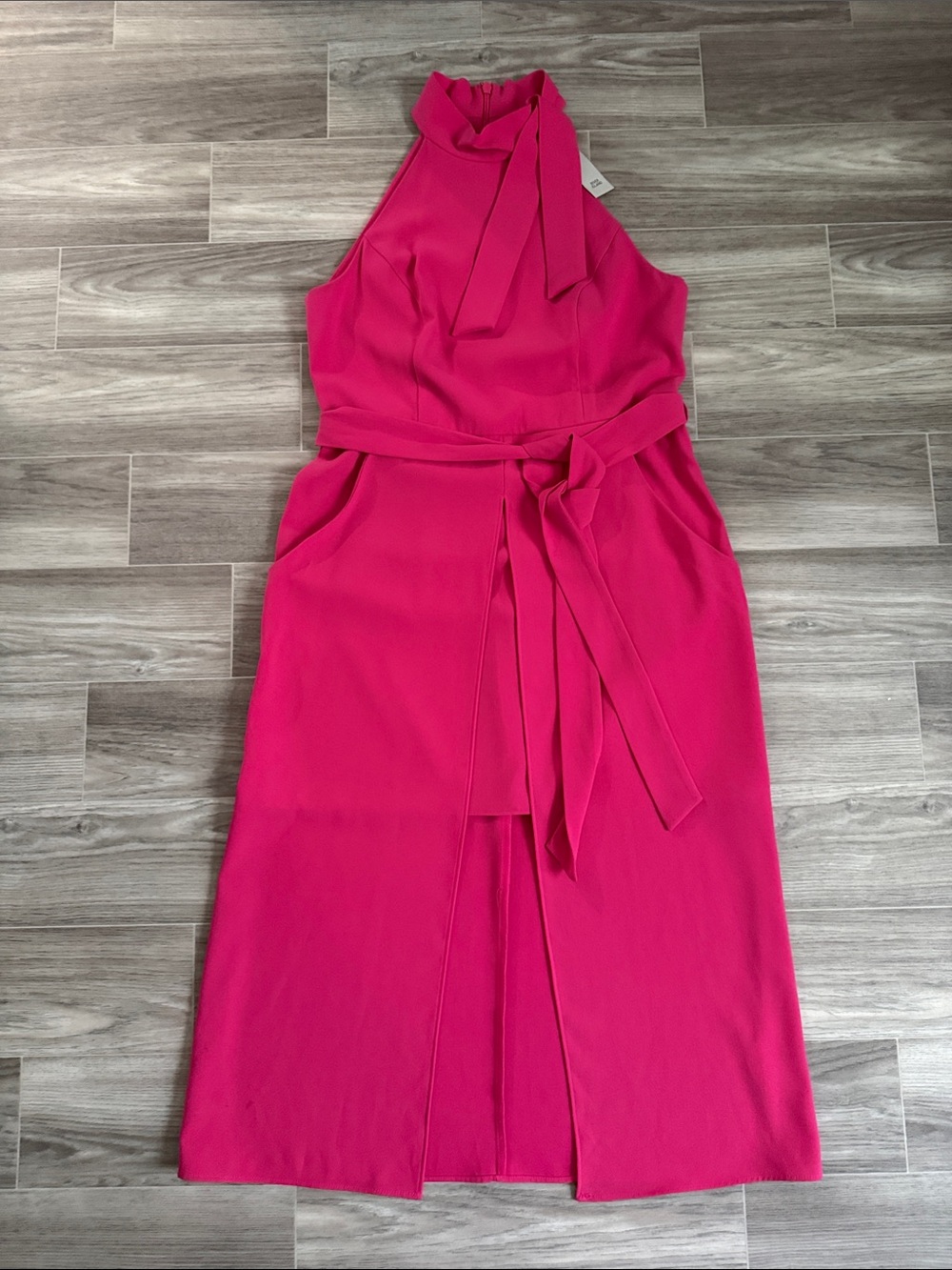 Hot Pink Halter Neck Mini-Midi Dress with Waist & Neck Tie